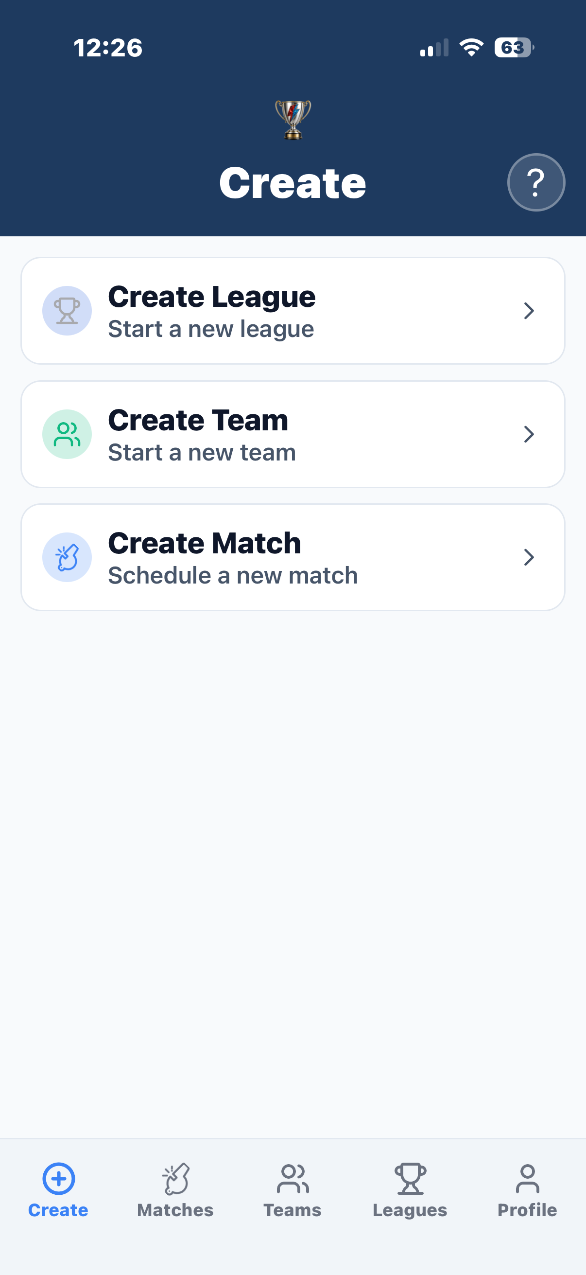 Create league, team or match
