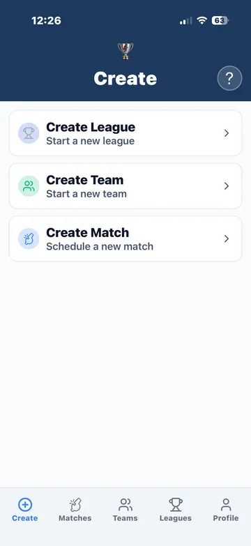 Create league, team or match