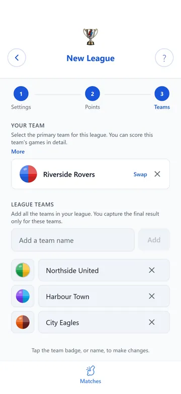 Setting up a league: your team and three opponents